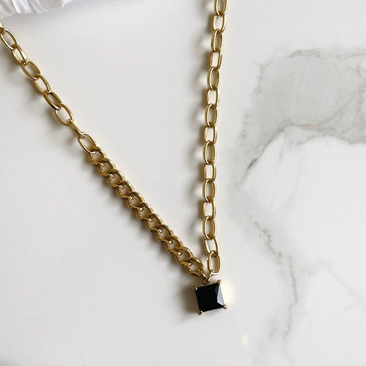 Black Crystal Mixed Chain Necklace